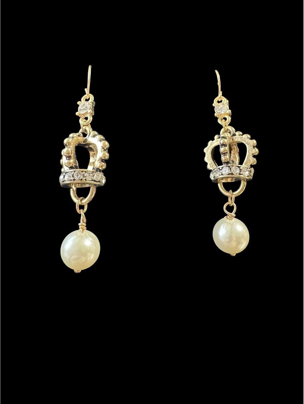 Betsey Johnson Gold Crown and Pearl Drop Earrings